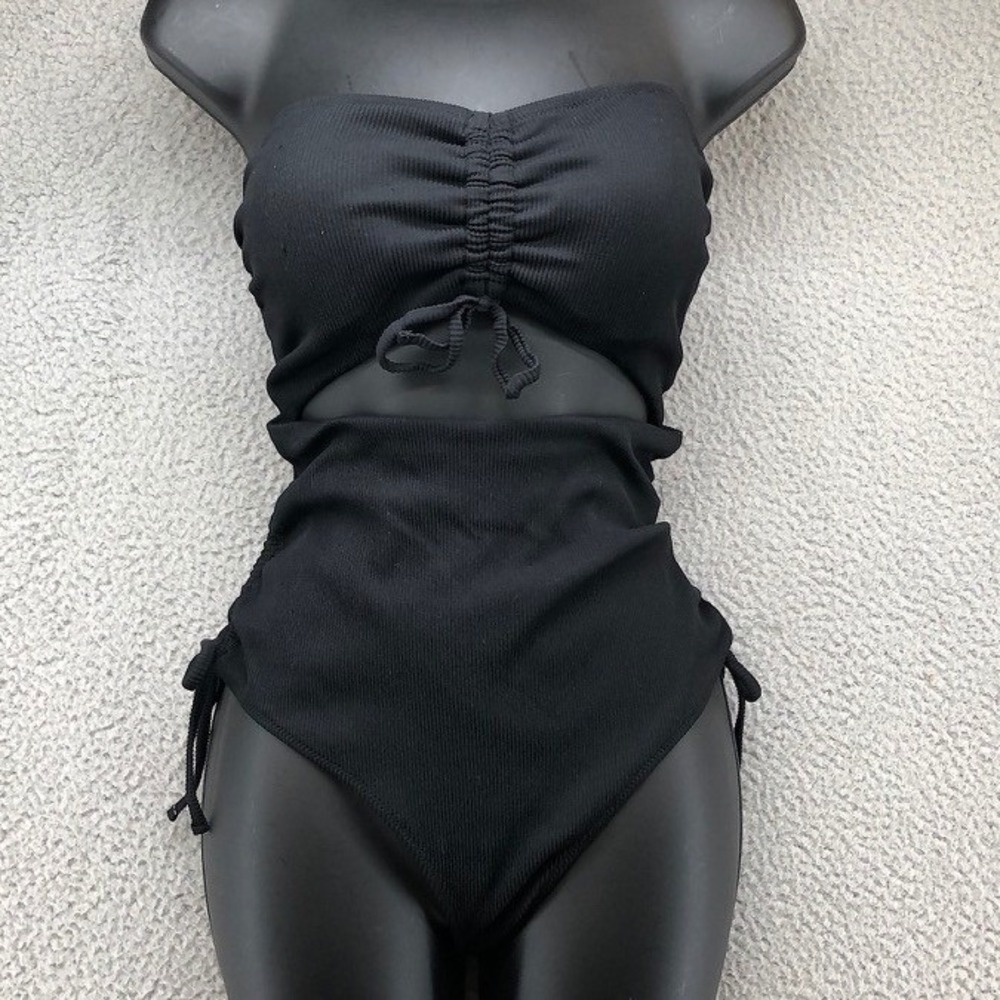 Aerie One Piece Swimsuit Womens Medium Black Ribbed Cutout Bandeau Beach Resort